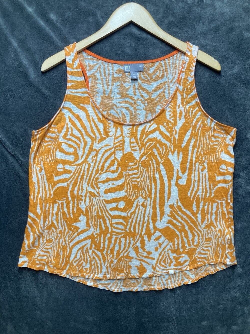 J.C.Penny 100% Linen Orange &White Zebra Print Tank Top Size XL Safari Chic Boho